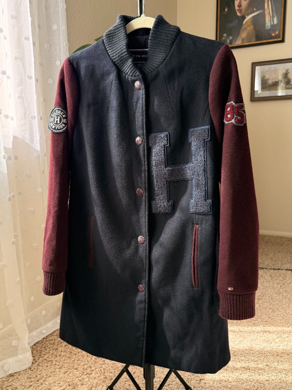 Tommy Hilfiger Longline Varsity Jacket Navy & Burgundy - Size S